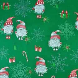 Baumwolle 100% Weihnachtsmuster Wichtel im Paar mit Schneeflocken auf grünem Hintergrund  