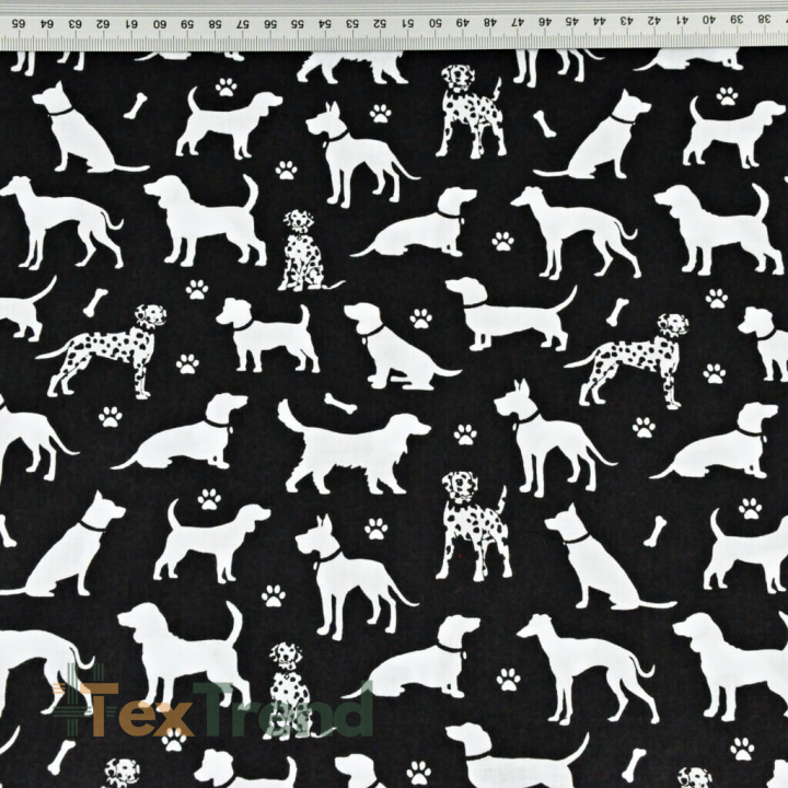 Baumwolle 100% Hunde weiß auf schwarzem Hintergrund  
