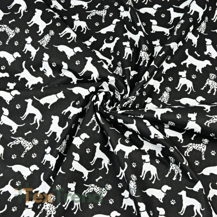 Baumwolle 100% Hunde weiß auf schwarzem Hintergrund  