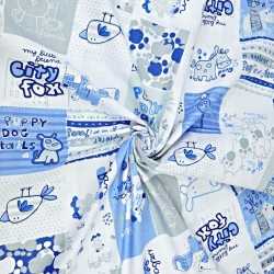 100% Baumwolle - Patchwork Tiere in blau-grau auf weißem Hintergrund  