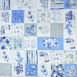 100% Baumwolle - Patchwork Tiere in blau-grau auf weißem Hintergrund  