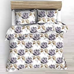 Baumwolle 100% große Blumen grau-gold auf weißem Hintergrund 220cm  