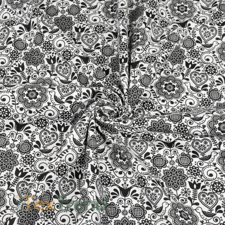 Baumwolle 100% bestickte Blumen mit Vogel schwarz auf weißem Hintergrund  