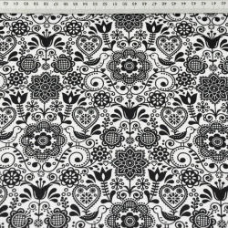 Baumwolle 100% bestickte Blumen mit Vogel schwarz auf weißem Hintergrund  