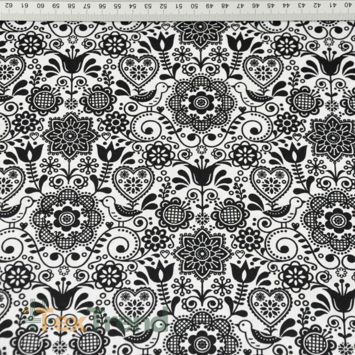 Baumwolle 100% bestickte Blumen mit Vogel schwarz auf weißem Hintergrund  