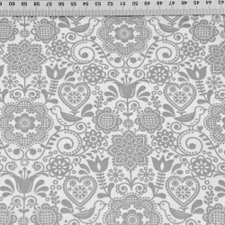 Baumwolle 100% bestickte Blumen mit Vogel grau auf weißem Hintergrund  