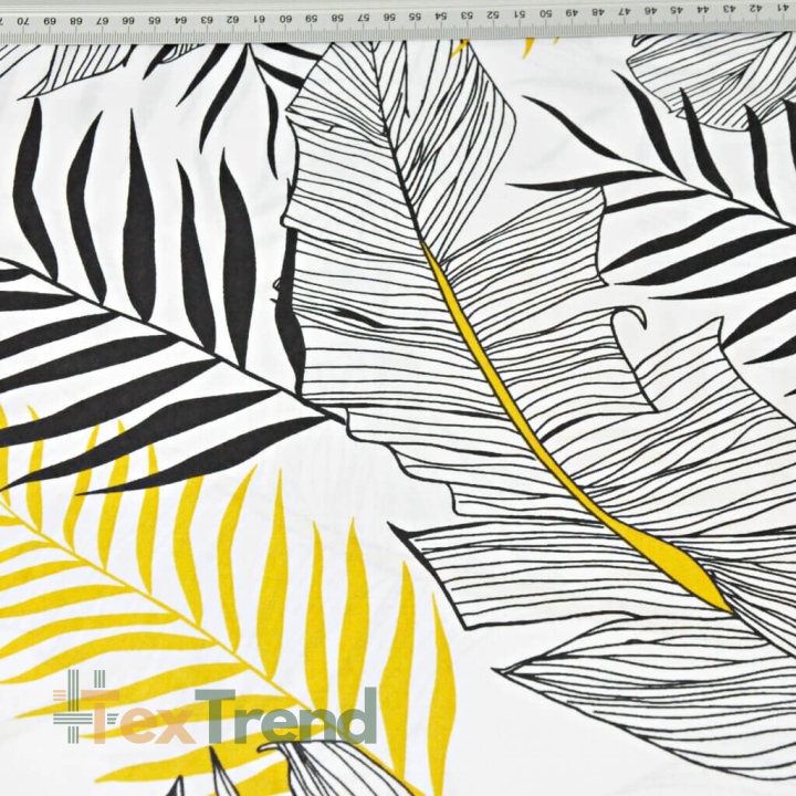Baumwolle 100% Bananenblatt grau mit gold-schwarzen auf weißem Hintergrund - 220cm  