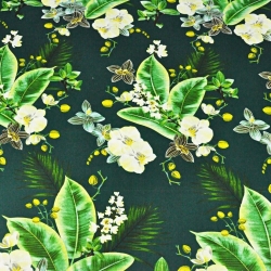 Baumwolle 100% Orchideenblumen auf dunkelgrünem Hintergrund  