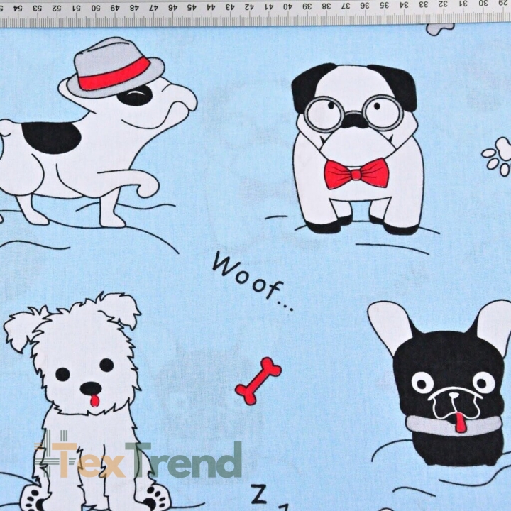 Baumwolle 100% verrückte Hunde auf hellblauem Hintergrund  