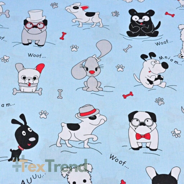 Baumwolle 100% verrückte Hunde auf hellblauem Hintergrund  