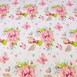 Baumwolle 100% Feen Calineczki mit Blumen und Schmetterlingen auf weißem Hintergrund  