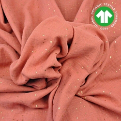 Baumwolle Musselin double gauze pastell dunkelkoralle (Terra Cotta) mit goldenen Punkten  