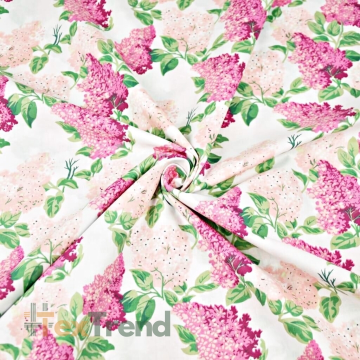 Baumwolle 100% Fliederblüten rosa-fuchsia auf weißem Hintergrund - 220cm  