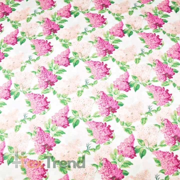 Baumwolle 100% Fliederblüten rosa-fuchsia auf weißem Hintergrund - 220cm  