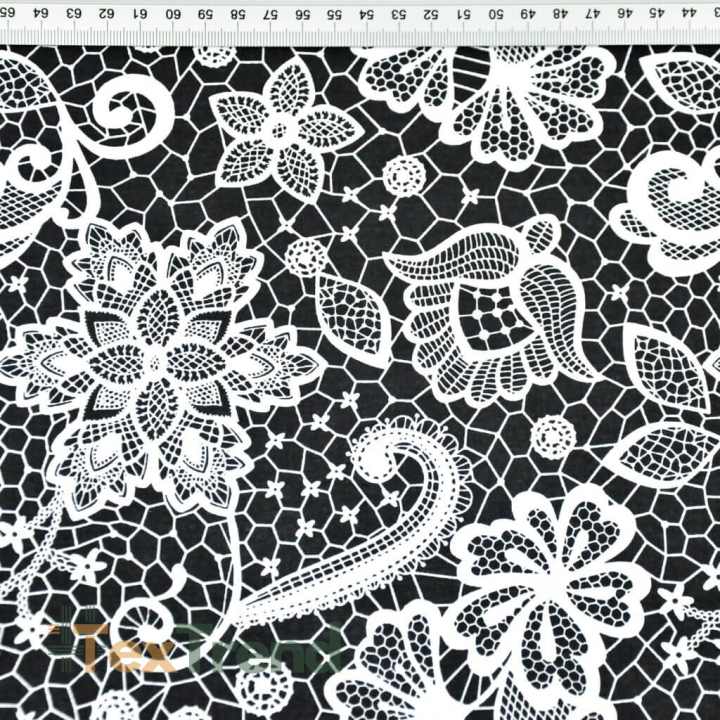 Baumwolle 100% weiße Spitze auf schwarzem Hintergrund  