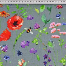 Baumwolle 100% Wiese mit Insekten auf dunkelgrauem Hintergrund  