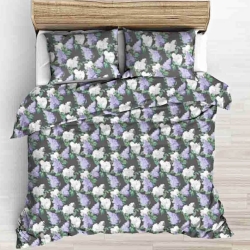 Baumwolle 100% Fliederblüten weiß-lila auf grauem Hintergrund - 220cm  