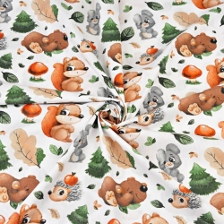 Baumwolle 100% Tiere im Herbstwald auf weißem Hintergrund  