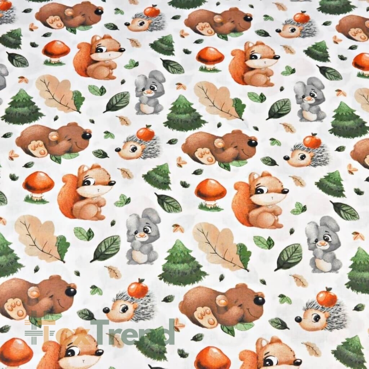 Baumwolle 100% Tiere im Herbstwald auf weißem Hintergrund  