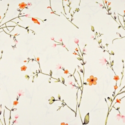 Baumwolle 100% Blumen an Zweigen rot-rosa auf vanillefarbenem Hintergrund  