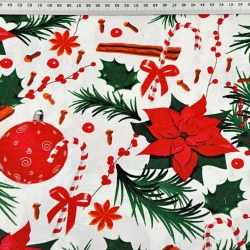 Baumwolle 100% Weihnachtsmuster Stechpalme mit Weihnachtsbaumkugeln und Zimt rot-grün auf weißem Hintergrund  