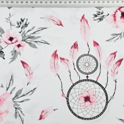 Baumwolle 100% Blumen Rosen mit Traumfänger rot-grau auf weißem Hintergrund  