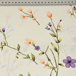 Baumwolle 100% Blumen an Zweigen lila-lachsfarben auf vanillefarbenem Hintergrund 220cm  