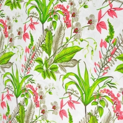 Baumwolle 100% Orchideenblüten mit grünen Blättern auf weißem Hintergrund - 220cm  