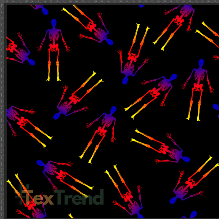 Jersey Stoff Digitaldruck bunte Skelette auf schwarz  