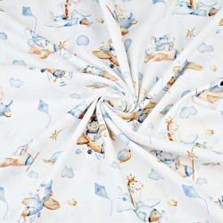 Baumwolle 100% Tiere im Flugzeug braun-blau auf weißem Hintergrund  