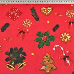 Baumwolle 100% Weihnachtsmuster mit Keksen auf rotem Hintergrund  