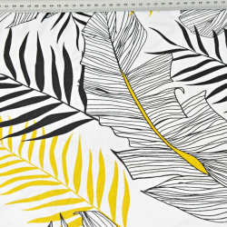 Baumwolle 100% Bananenblatt grau mit gold-schwarzen auf weißem Hintergrund  