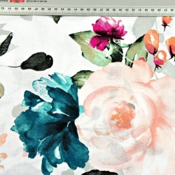 Baumwolle 100% große Blumen türkis, amaranth und ecru auf weißem Hintergrund  