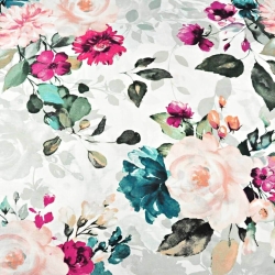 Baumwolle 100% große Blumen türkis, amaranth und ecru auf weißem Hintergrund  