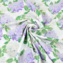 Baumwolle 100% Fliederblüten weiß-lila auf weißem Hintergrund  