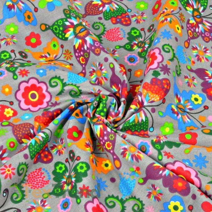 Baumwolle 100% Łowickie Schmetterlinge auf grauem Hintergrund  