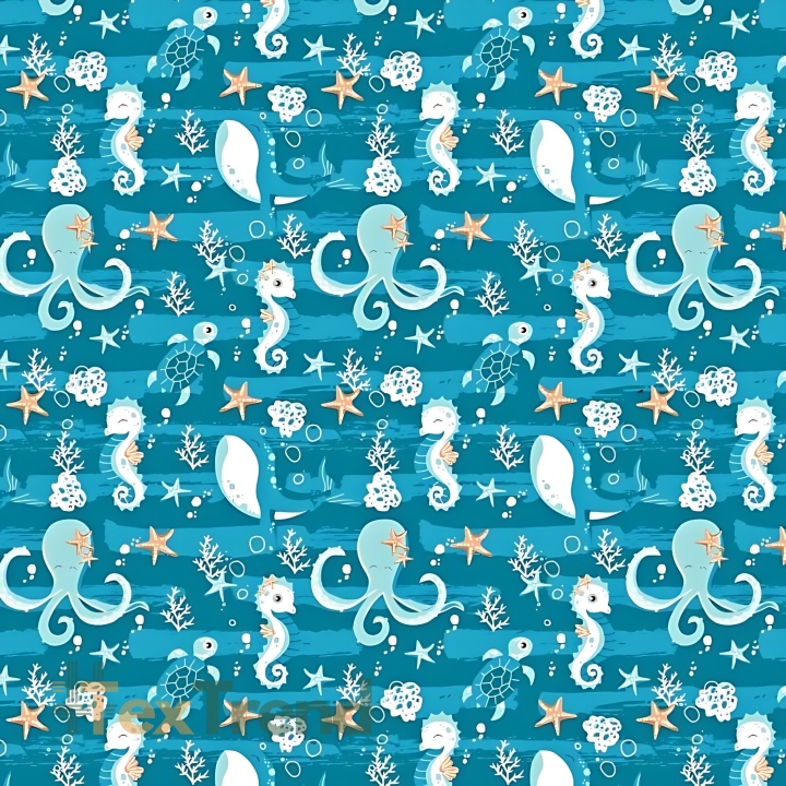 Baumwolle 100% Meereswelt auf meeresfarbenem Hintergrund  