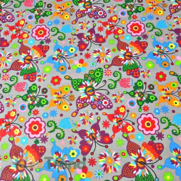 Baumwolle 100% Łowickie Schmetterlinge auf grauem Hintergrund  