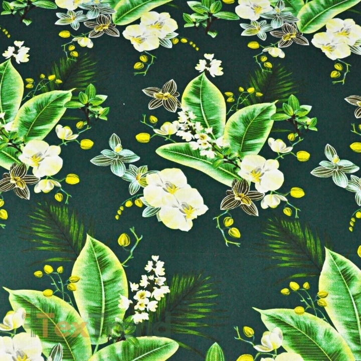 Baumwolle 100% Orchidee auf dunkelgrünem Hintergrund 220cm  