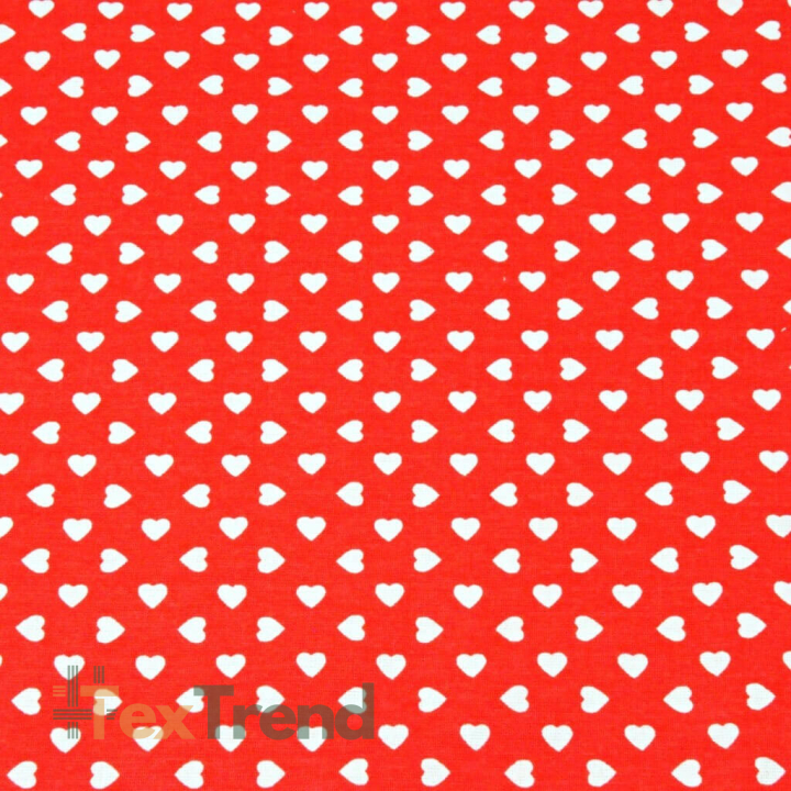 Baumwolle 100% Herzchen 8mm in Reihen weiß auf rotem Hintergrund  