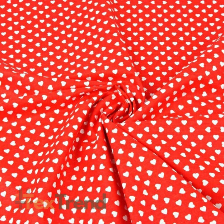 Baumwolle 100% Herzchen 8mm in Reihen weiß auf rotem Hintergrund  