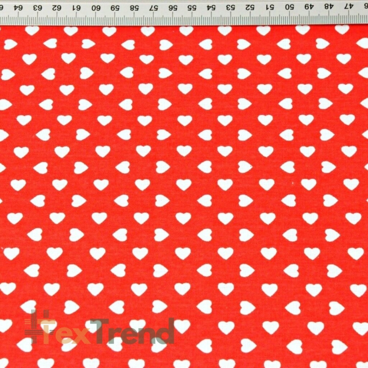 Baumwolle 100% Herzchen 8mm in Reihen weiß auf rotem Hintergrund  
