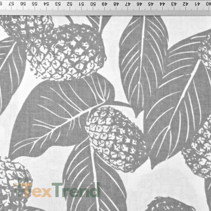 Baumwolle 100% Blätter mit Ananas grau auf weißem Hintergrund  