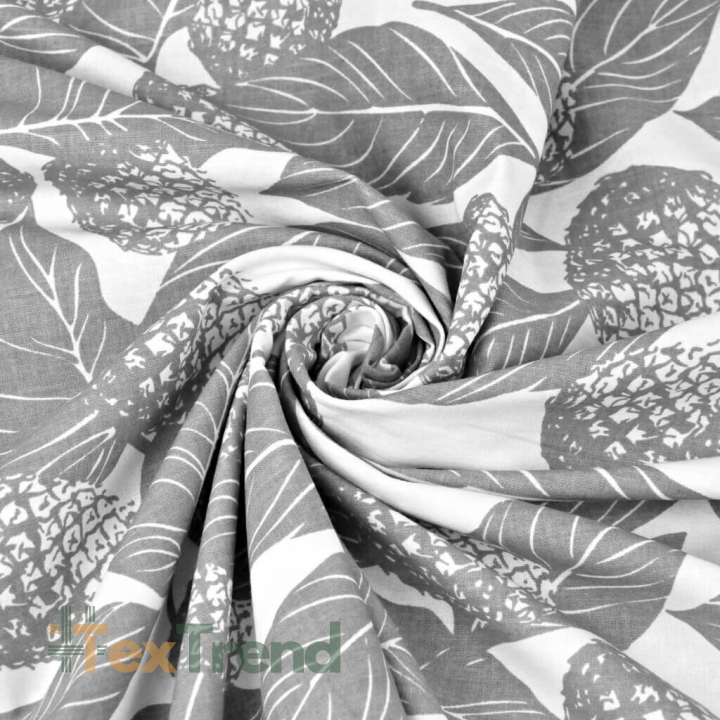 Baumwolle 100% Blätter mit Ananas grau auf weißem Hintergrund  