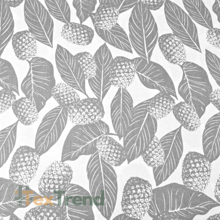 Baumwolle 100% Blätter mit Ananas grau auf weißem Hintergrund  