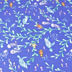 Baumwolle 100% Schildkröten und Quallen auf navyblauem Hintergrund  