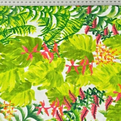 Baumwolle 100% grüne Palmenblätter mit rosa Orchidee auf weißem Hintergrund - 220cm  