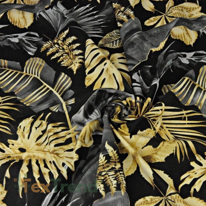 Baumwolle 100% große Blätter dunkelgrau-golden auf schwarzem Hintergrund - 220cm  