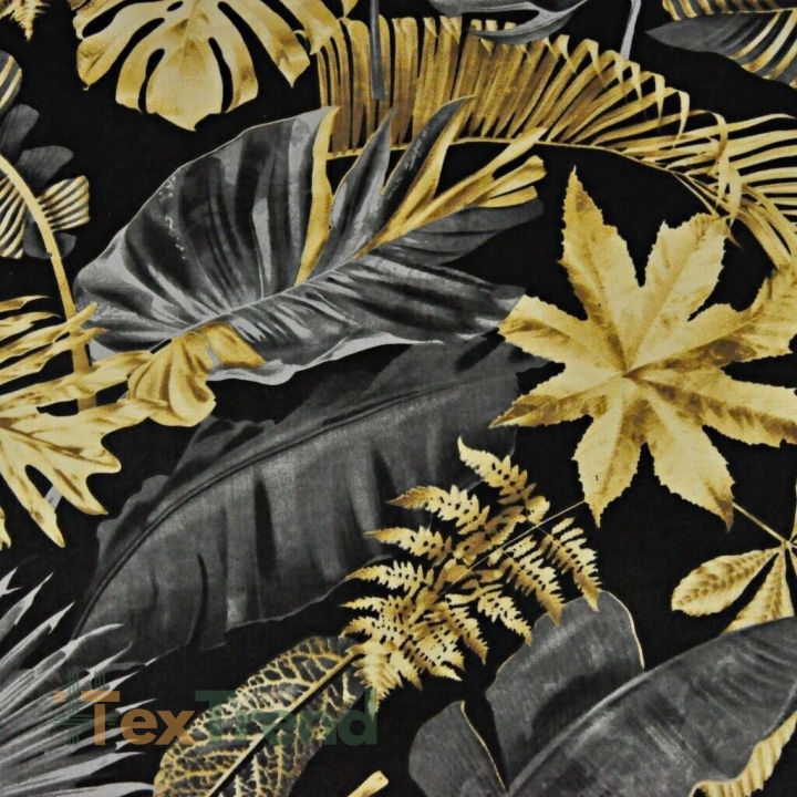 Baumwolle 100% große Blätter dunkelgrau-golden auf schwarzem Hintergrund - 220cm  