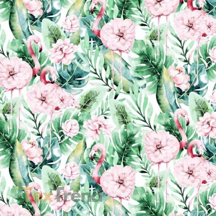 Baumwolle 100% Flamingos in Monstera-Blättern mit Blumen auf weißem Hintergrund  